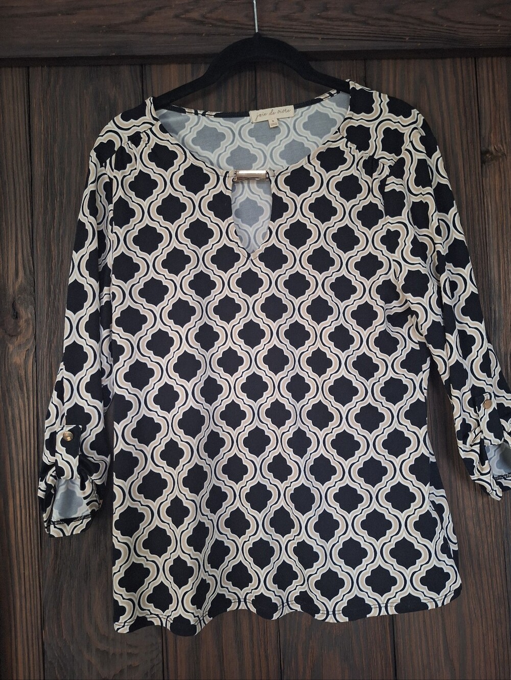 Black and Cream Geometric Print Long-Sleeve Women's Blouse